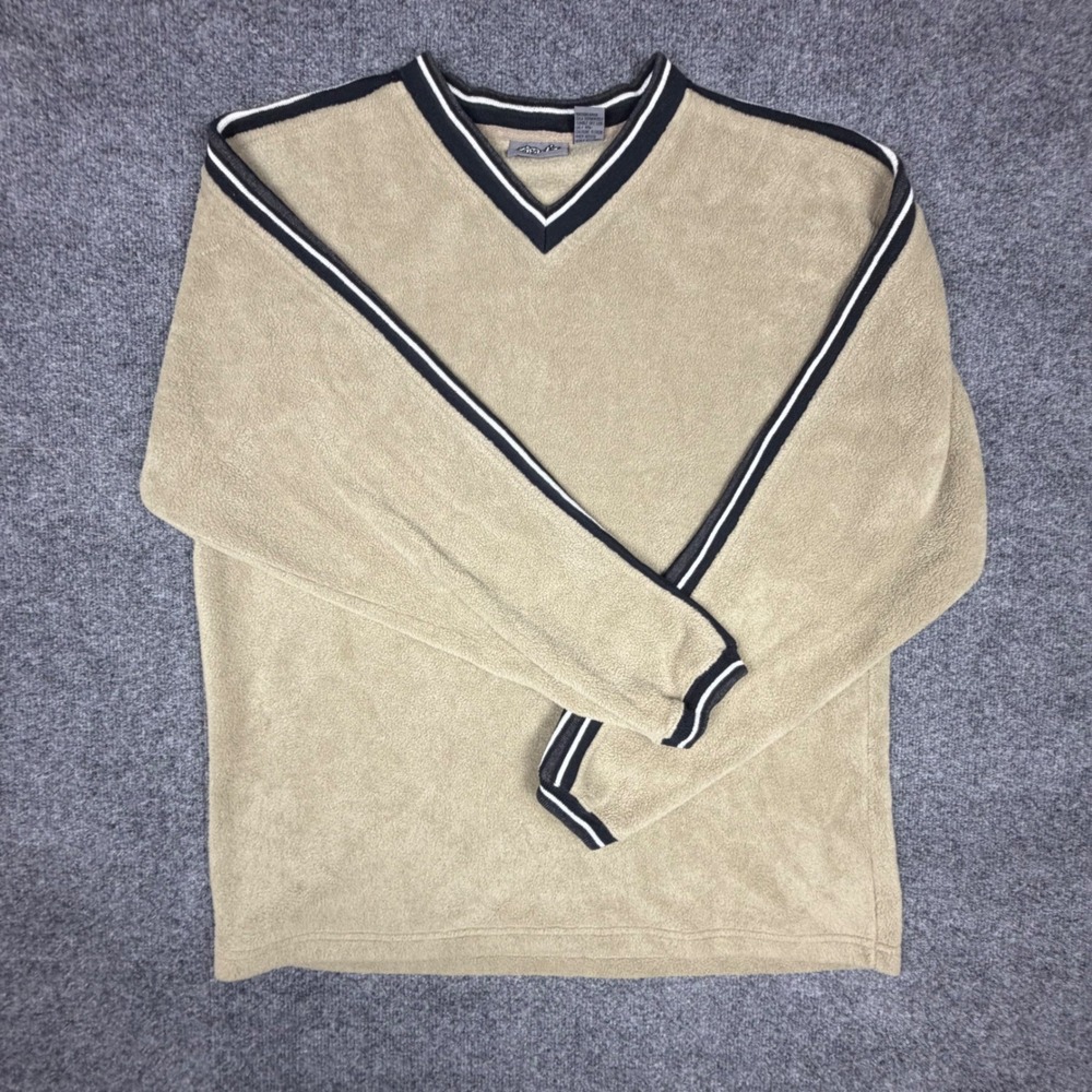 Ziga-tz Mens Fleece Pullover‎ V-Neck Tan Black White Striped Trim Size Large